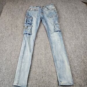 Serenede Mens Light Wash Cargo Denim Jeans Slim Fit Blue Streetwear Size 30